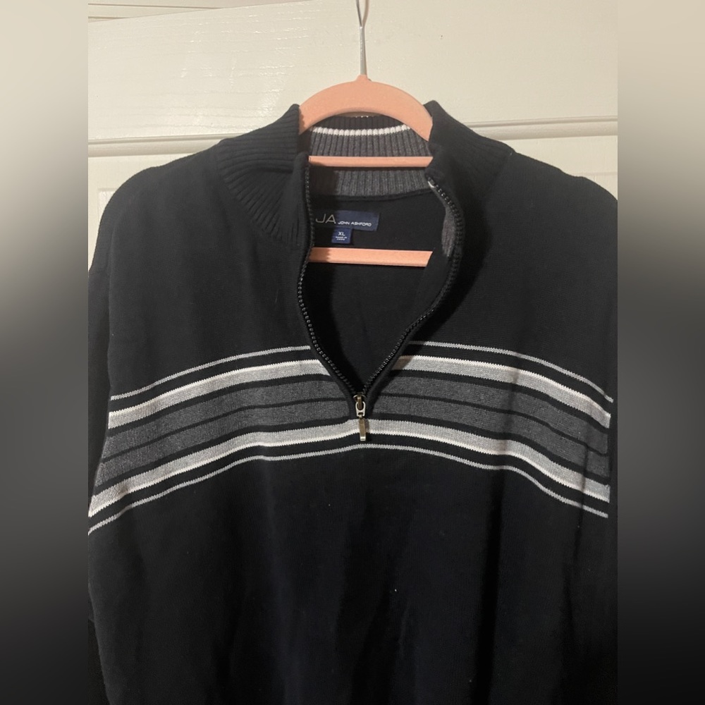 Black sweater with distinct blue and gray stripes